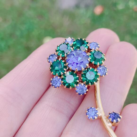 VTG Mid Century Brooch Floral Green Blue Rhinestone Gold Tone EUC - Picture 2 of 12